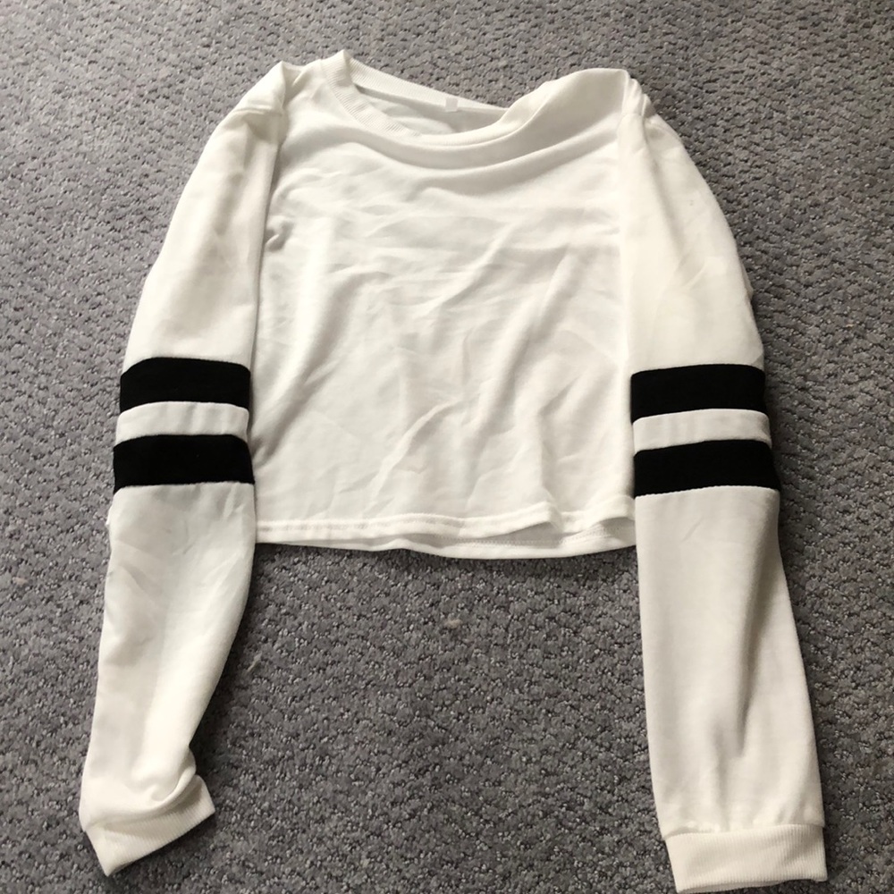 White Varsity Striped Sleeve Crop T-Shirt - Picture 2 of 4